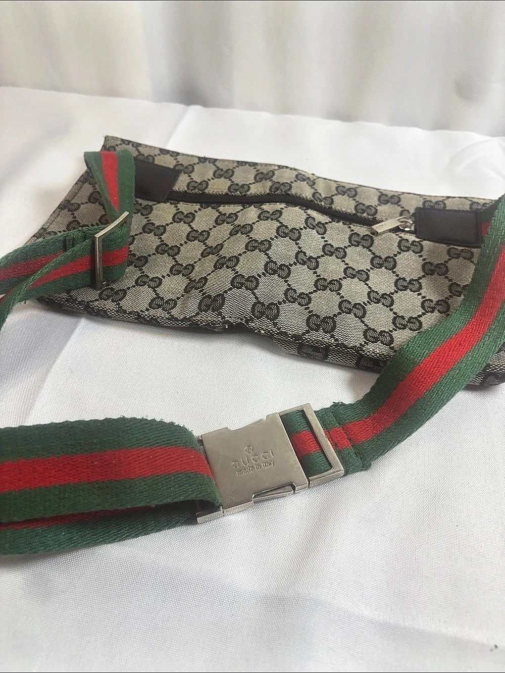 Gucci GG Canvas Double Pocket Waist Belt Bag in Brown & Green